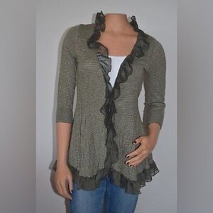 Guinevere ANTHROPOLOGIE Size S Cardigan Sweater Green Striped Ruffle Steampunk